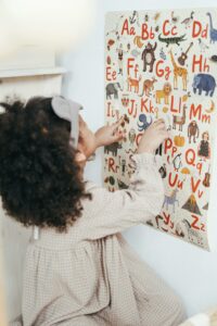 A young girl interacting with a colorful alphabet poster at home.